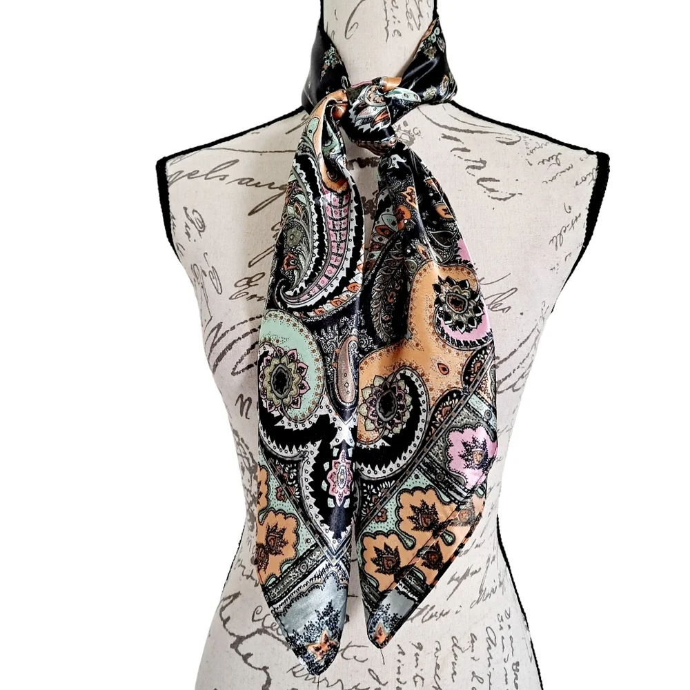 Satin square scarf black Paisley boho colorful neck hair & head elegant 2/$30
